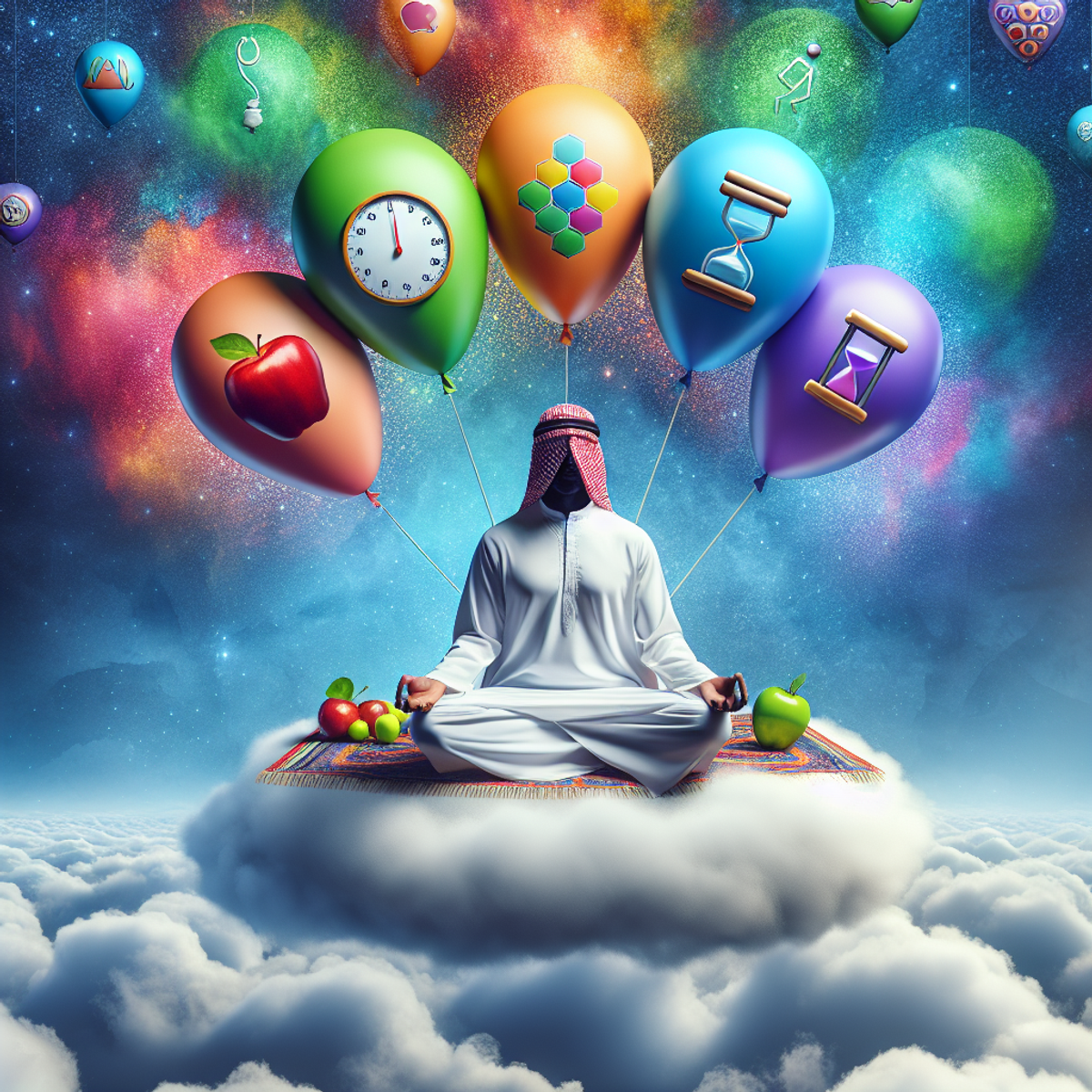 A person meditating on a cloud surrounded by colorful balloons representing hypnotherapy for weight loss.