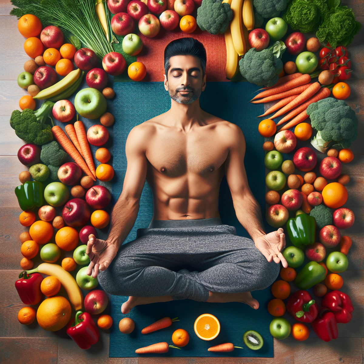 A South Asian man sitting on a yoga mat with closed eyes, surrounded by various fresh fruits and vegetables.